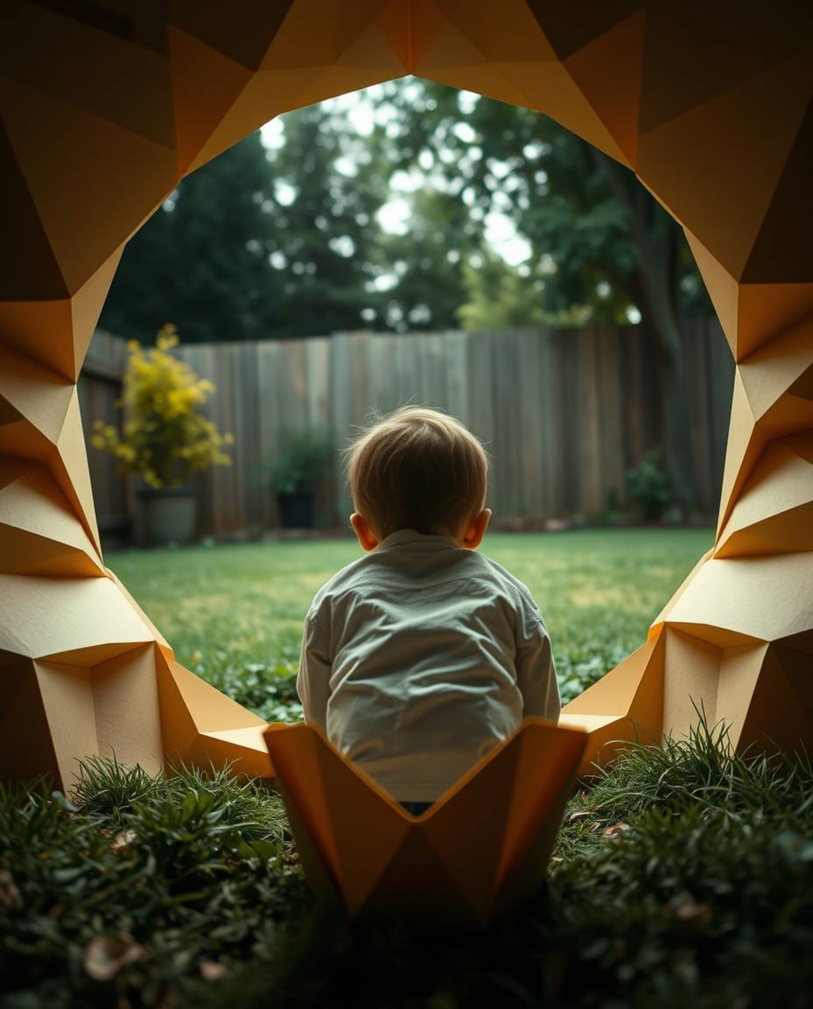 A captivating image depicting a child's awe-inspiring discovery of a magical portal in their backyard.  Rendered in intricate