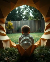 A captivating image depicting a child's awe-inspiring discovery of a magical portal in their backyard. Rendered in intricate