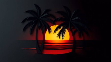 Experience the beauty of a tropical sunset reimagined in an intricate origami style. This artwork depicts palm trees swaying 