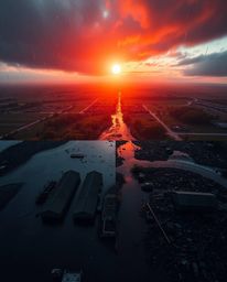 A captivating bird's-eye view captures a breathtaking sunrise over a war-torn landscape.  The scene is dramatically divided, 