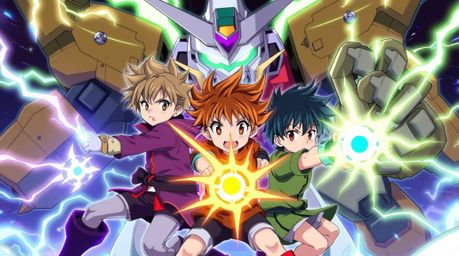 An isekai anime style illustration showcasing three superpowered children with vibrant electric colors and dynamic poses, eng