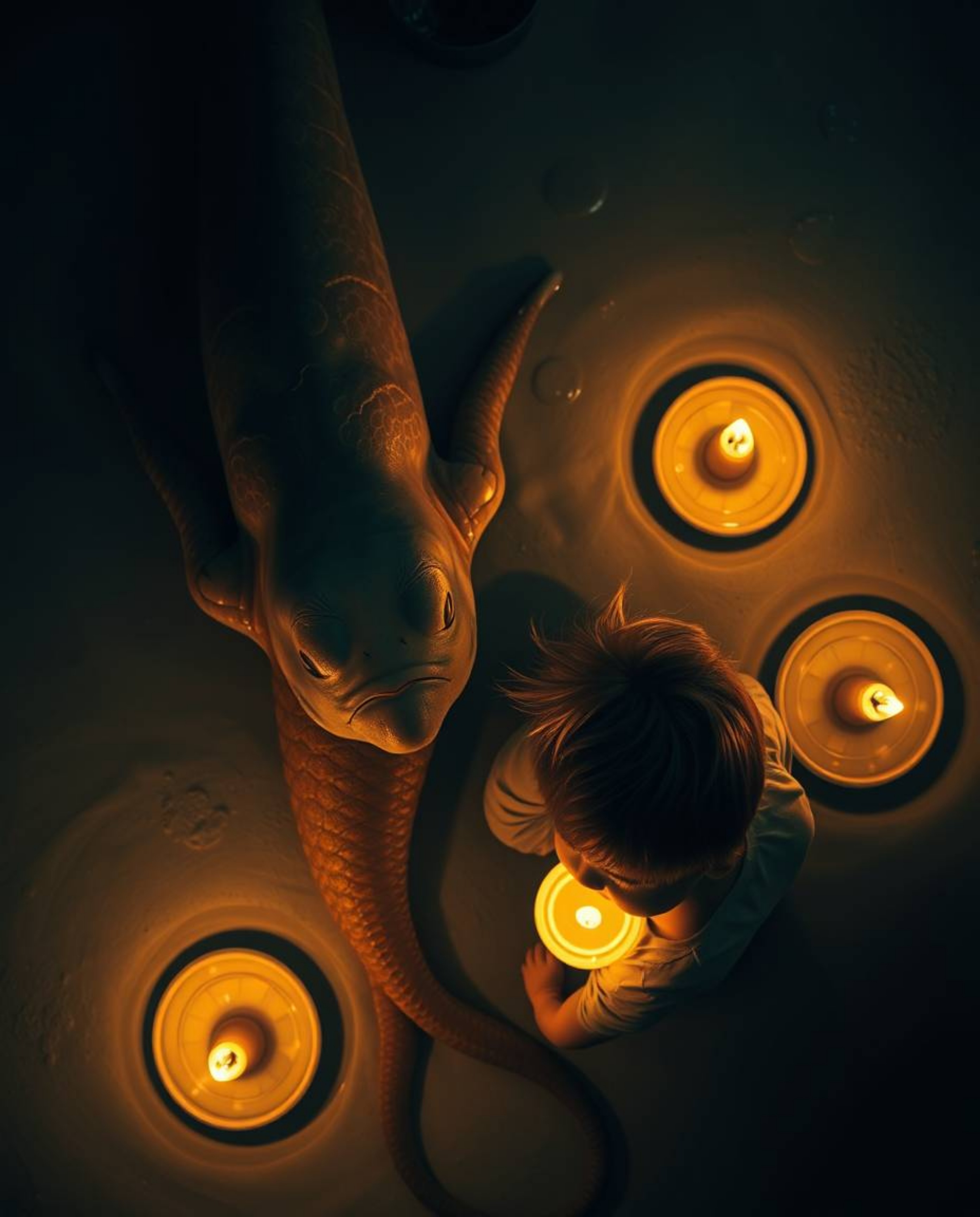 A heartwarming image depicts a sea creature and a child sharing a tender moment, bathed in the warm, flickering light of cand