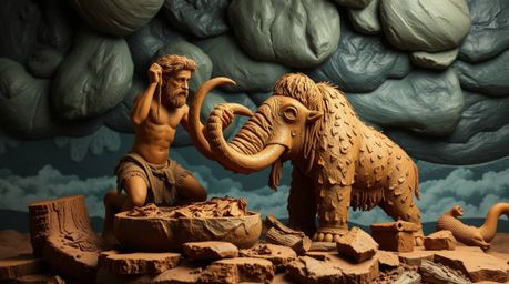 A high-tension sculptural clay artwork depicts a caveman cooking mammoth meat under a stormy sky. The piece is modeled with t