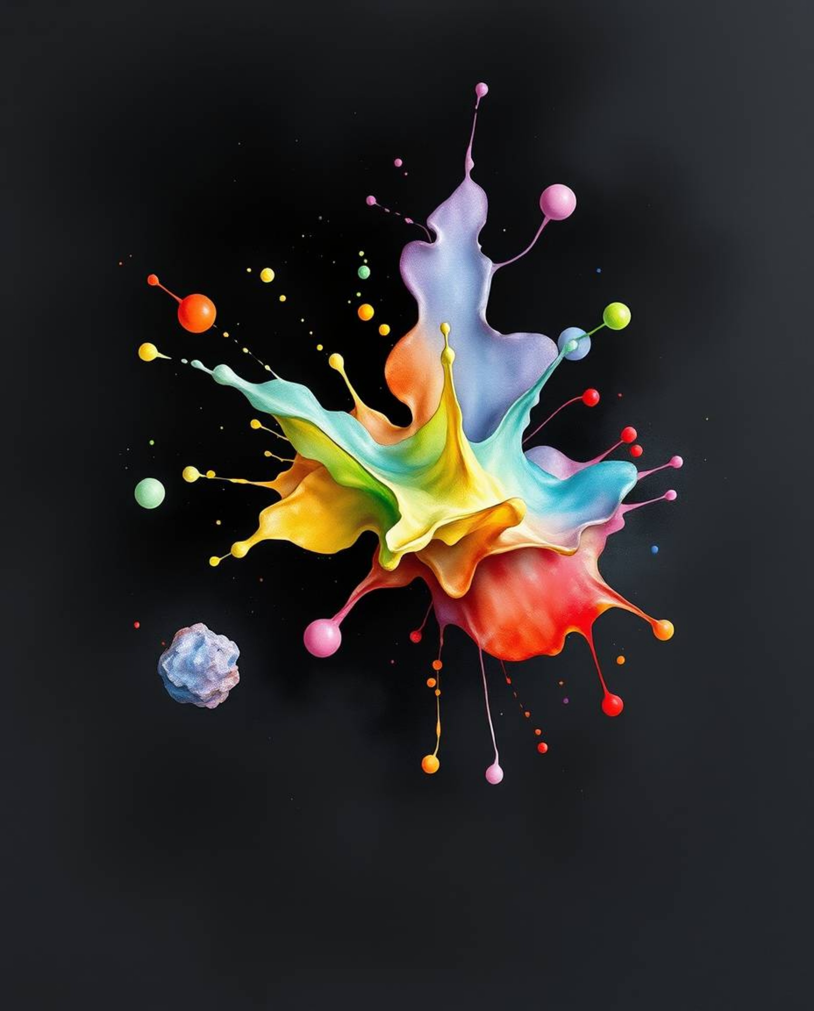 Dive into a surreal digital realm where intense jet black and delicate watercolor washes bring to life abstract 3D colorful s