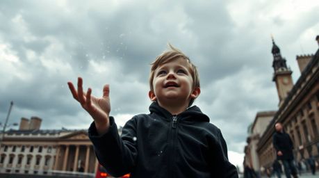 A captivating candid street photograph depicting a young boy seemingly flying with pixie dust above the London cityscape.  Th
