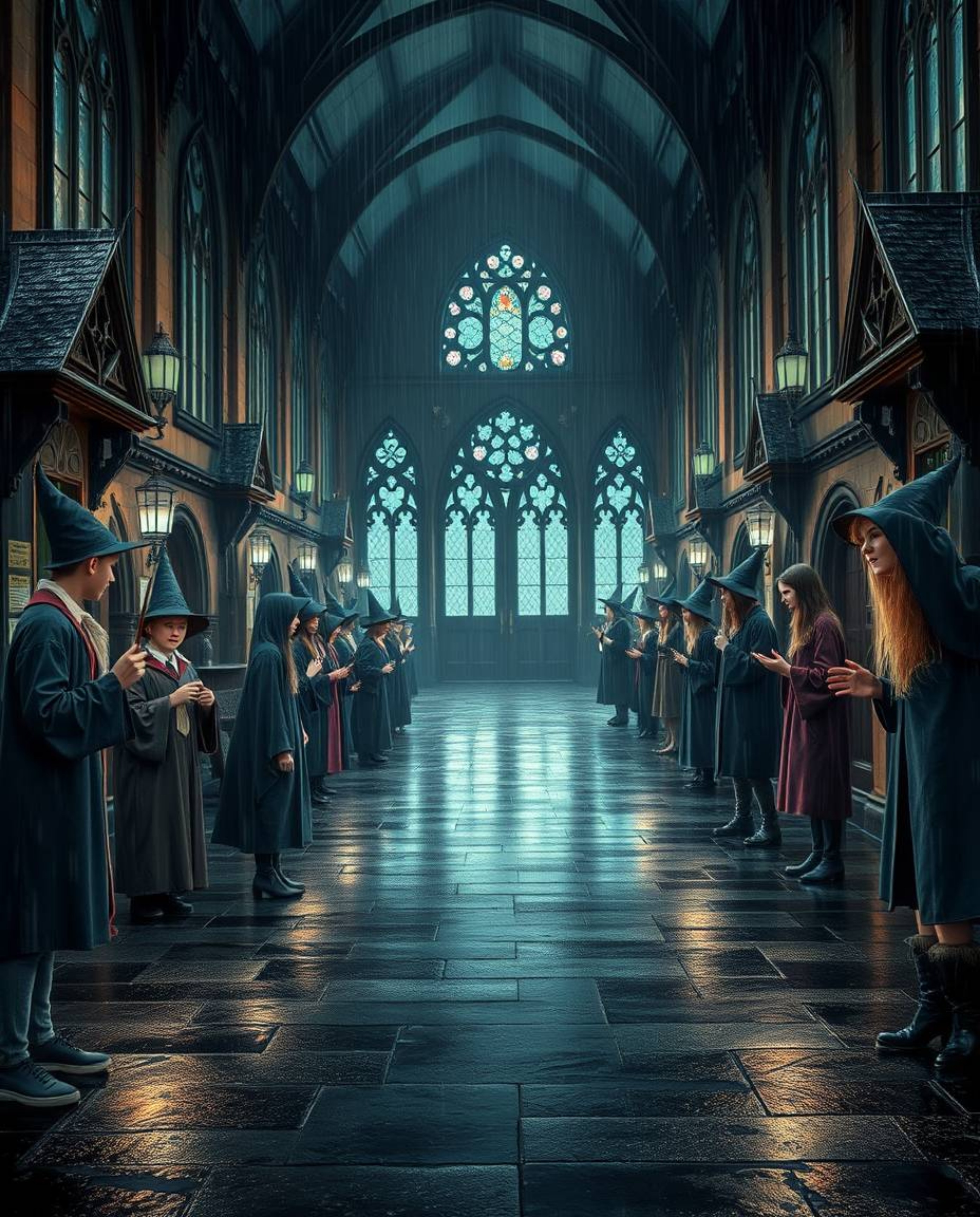 Explore a captivating high-resolution stock photo showcasing a magical school brimming with young wizards amidst a wet and ra