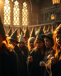 A captivating close-up shot bathed in warm golden hour light showcasing a magical school brimming with young wizards. This pr