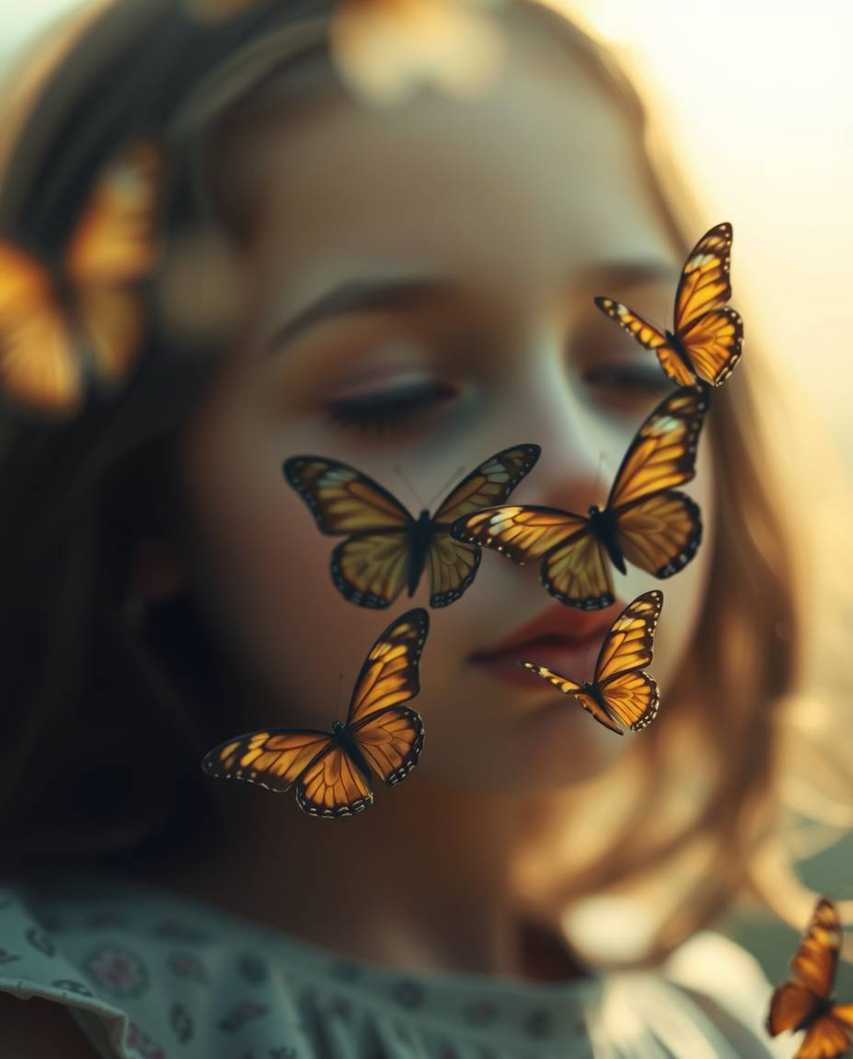 A close-up shot captures a girl releasing butterflies into the air, bathed in a soft cinematic haze. The girl is gently out o