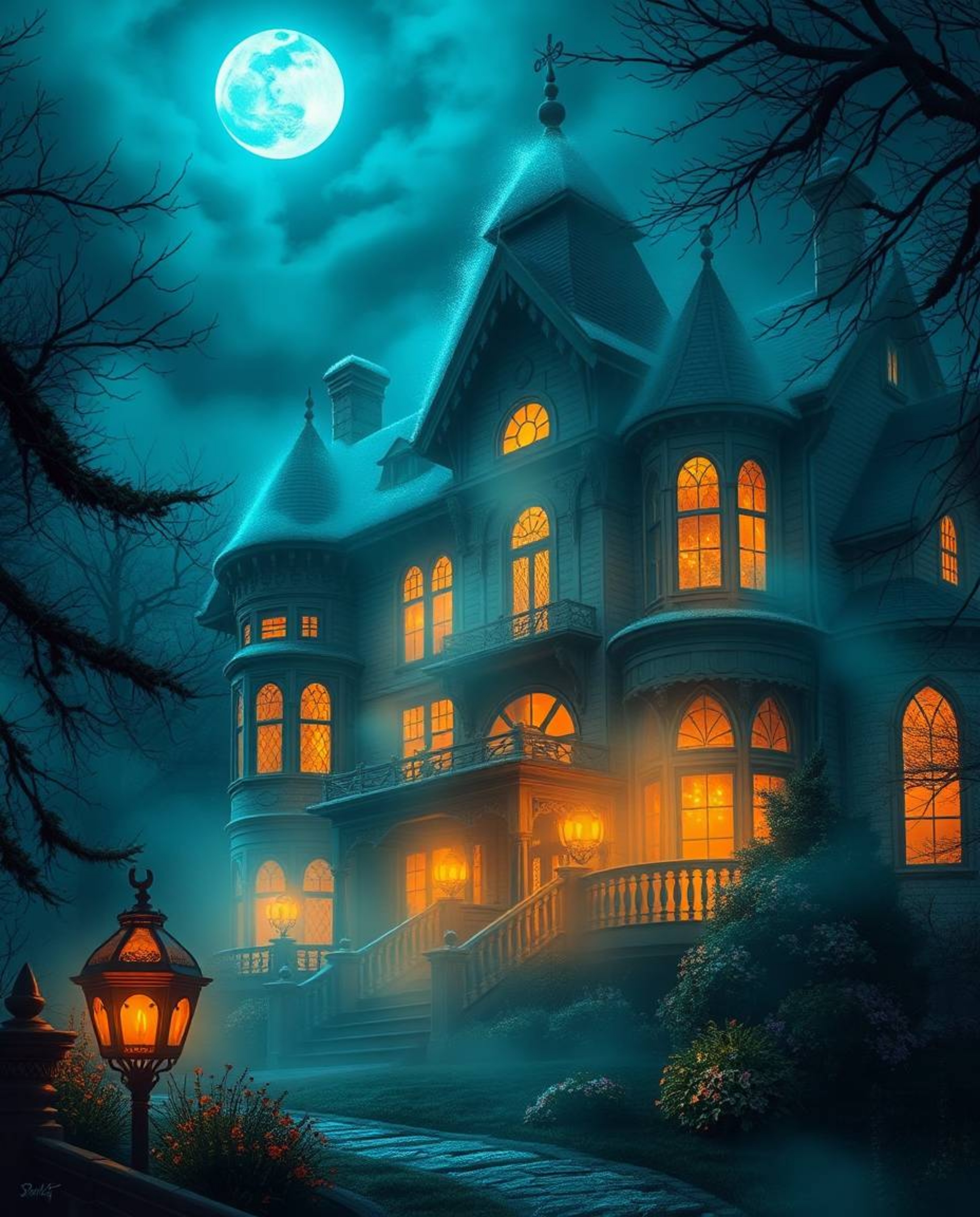 A captivating scene unfolds featuring a fog-covered Victorian mansion bathed in soft moonlight. Warm candlelight emanates fro