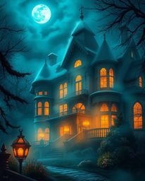 A captivating scene unfolds featuring a fog-covered Victorian mansion bathed in soft moonlight. Warm candlelight emanates fro