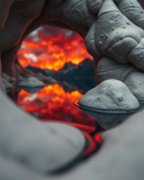 An extreme macro close-up of sculptural clay art, depicting the intricate reflections of fiery clouds in a mountain lake. Thi