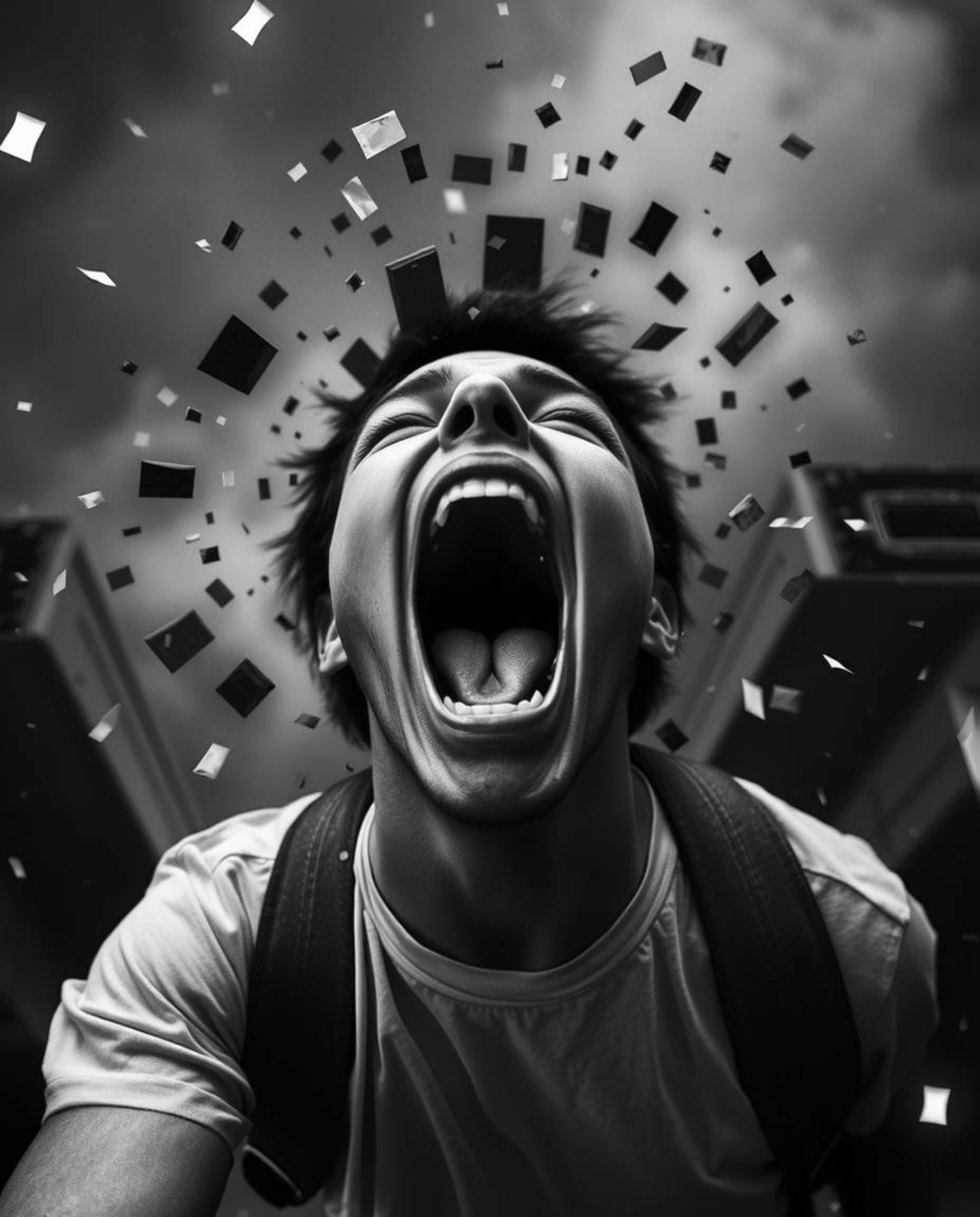 A captivating high-angle shot depicts a person screaming in terror as their world dramatically fragments into a pixelated, bl