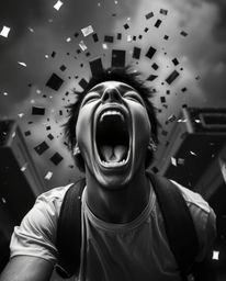 A captivating high-angle shot depicts a person screaming in terror as their world dramatically fragments into a pixelated, bl