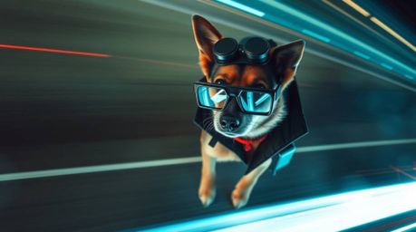 A striking high-contrast, long-exposure photograph captures a dog detective immersed in their work, utilizing high-tech gadge