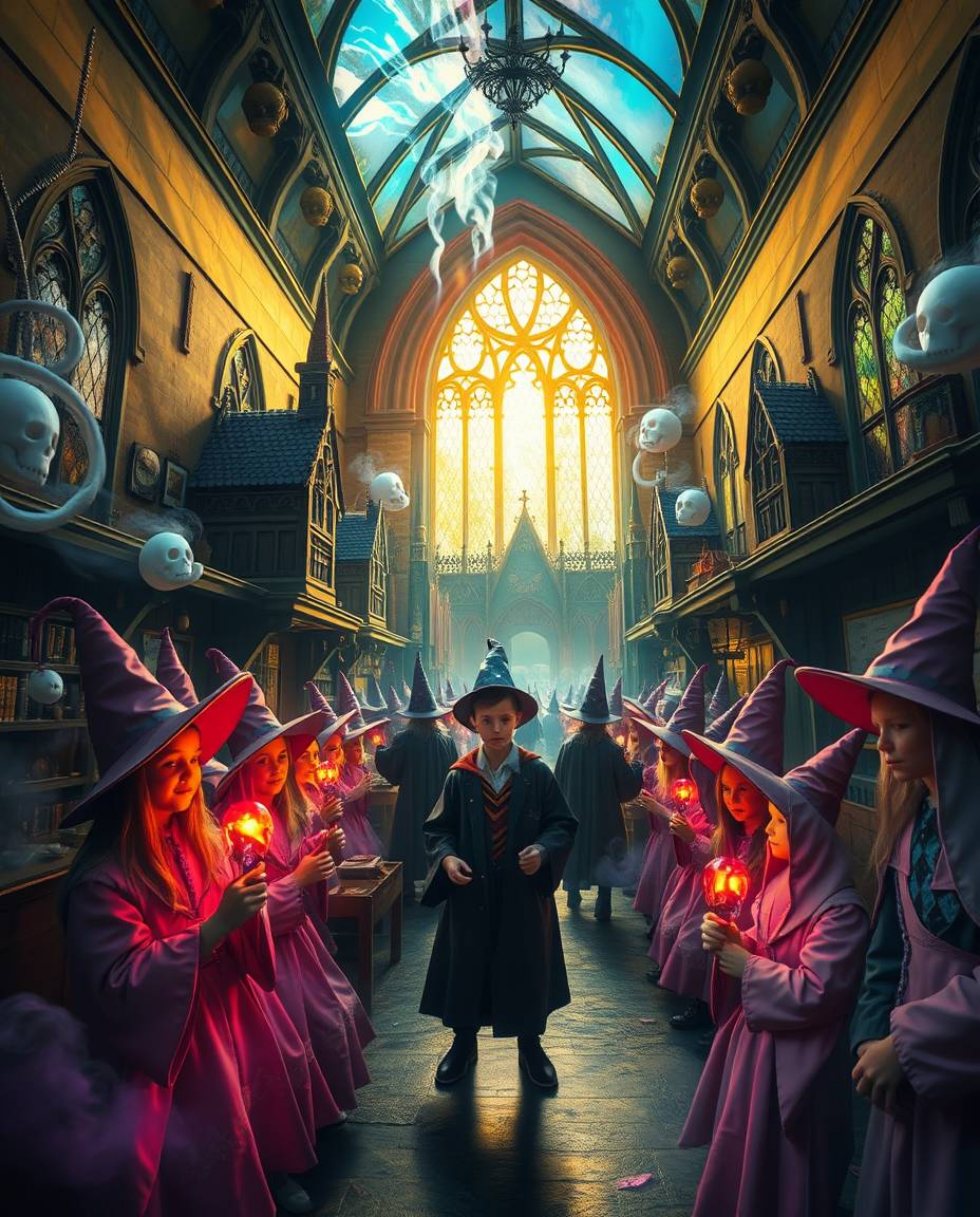 Immerse yourself in a dreamlike surreal image of a magical school brimming with young wizards. This artwork features vibrant 