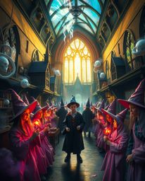 Immerse yourself in a dreamlike surreal image of a magical school brimming with young wizards. This artwork features vibrant 