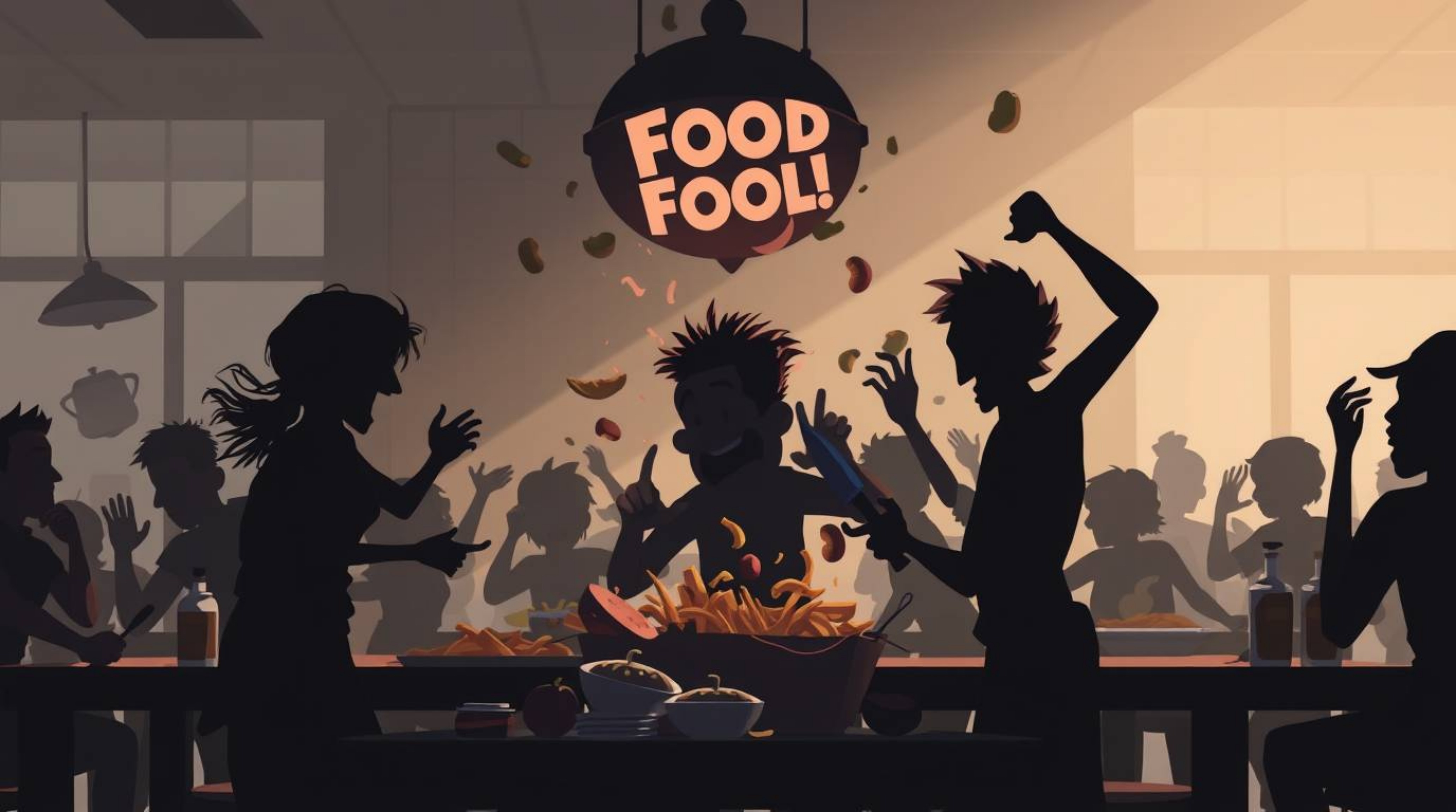 Experience a chaotic scene of a wild food fight erupting in a cartoon cafeteria, rendered in a strong and moody style. Silhou