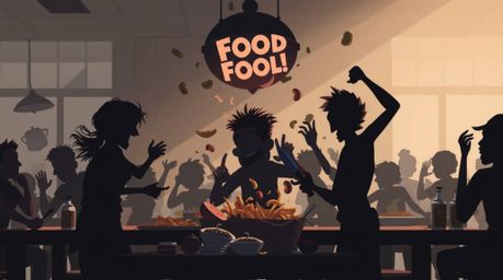 Experience a chaotic scene of a wild food fight erupting in a cartoon cafeteria, rendered in a strong and moody style. Silhou