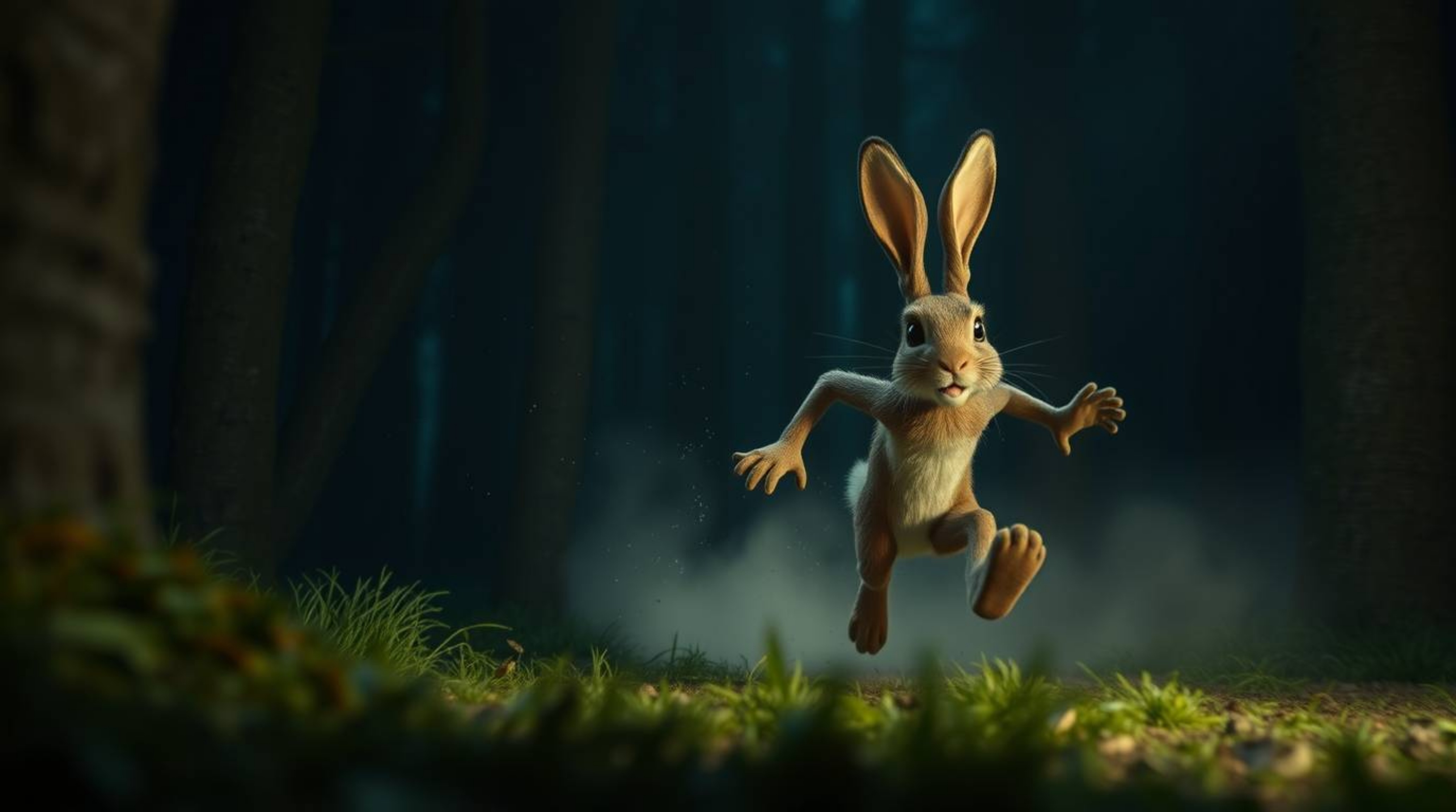 A wacky rabbit with long limbs hilariously outruns a hunter in a dimly lit forest, engaging in slapstick chase. The scene is 