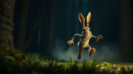 A wacky rabbit with long limbs hilariously outruns a hunter in a dimly lit forest, engaging in slapstick chase. The scene is 