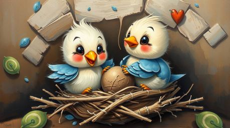 This adorable oil painting captures the charming scene of two cartoon birds diligently building their nest in a classic anima