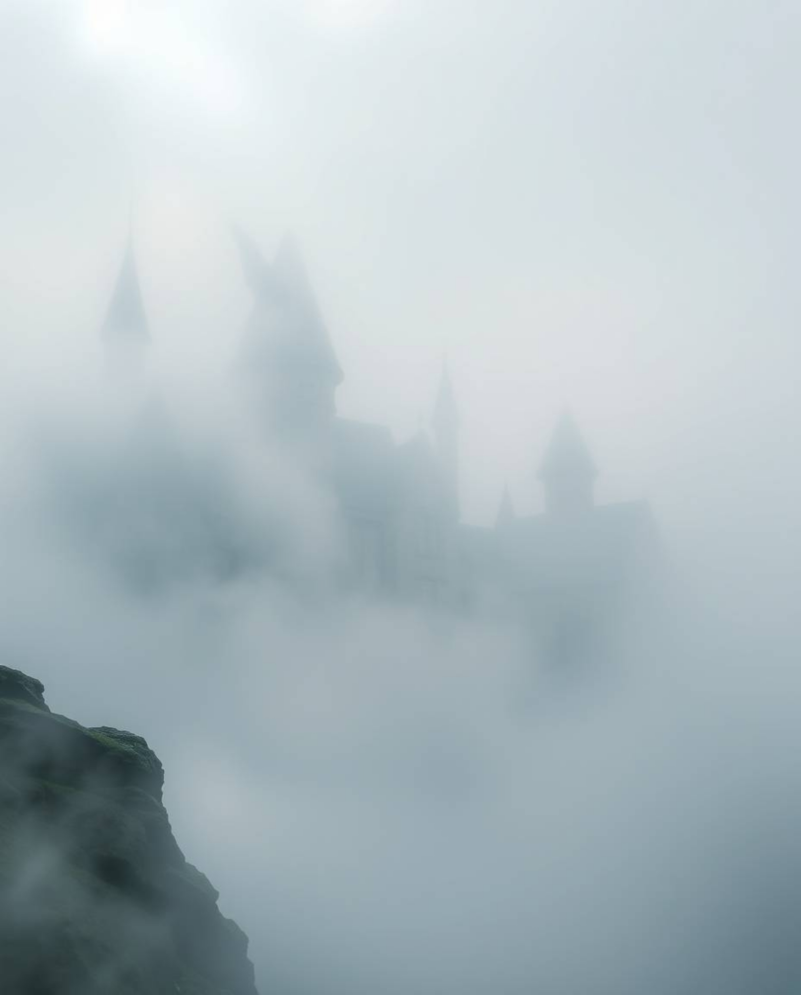 Step into a magical school shrouded in thick fog, a haven for young wizards learning their craft. The scene is painted in sof