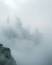 Step into a magical school shrouded in thick fog, a haven for young wizards learning their craft. The scene is painted in sof
