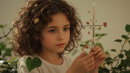 In a cinematic and whimsical photograph, a bright-eyed, freckled, and curly-haired young homeschooled genius is captured with
