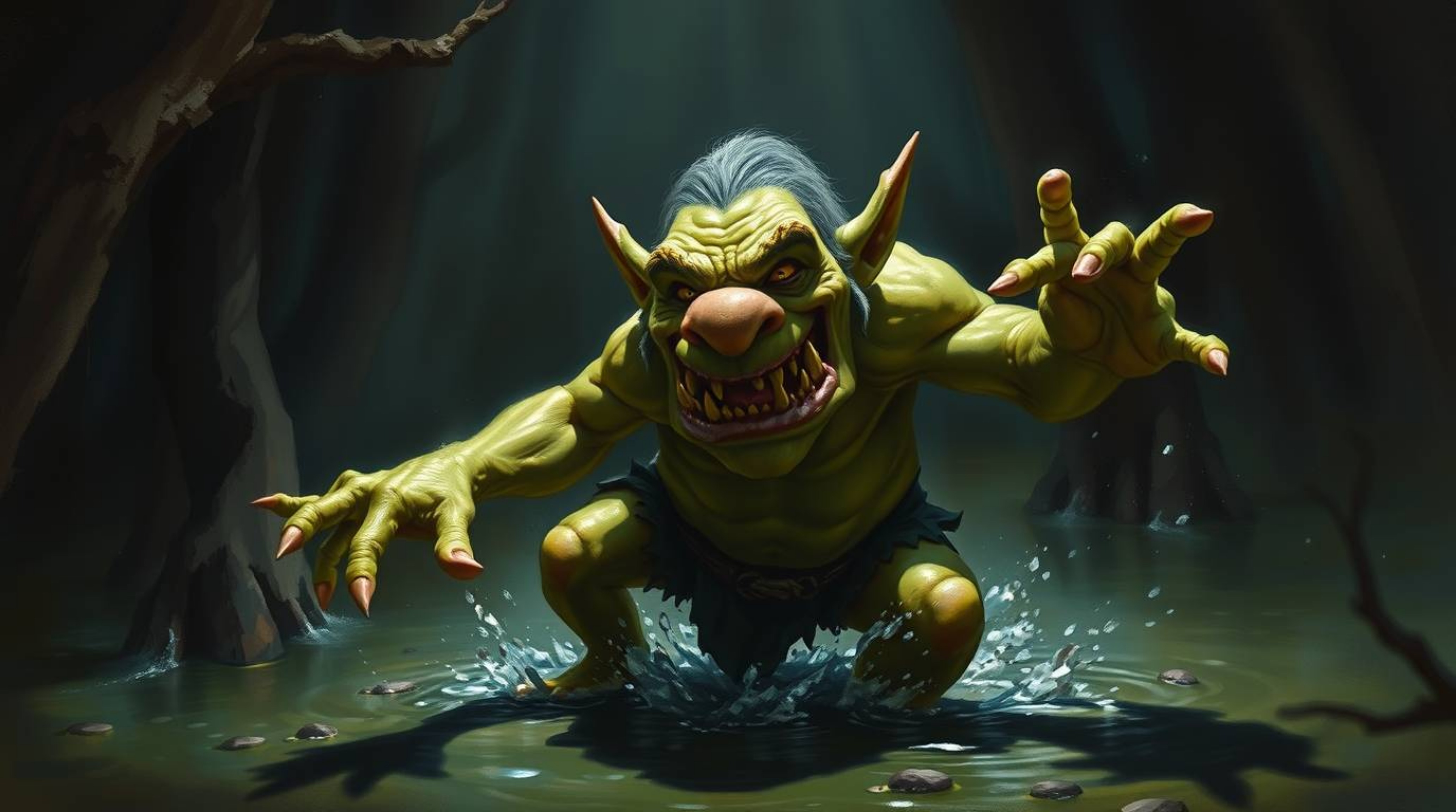 A captivating image depicting an ogre with vibrant green skin and exaggerated features energetically dancing in a swamp. The 
