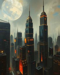 This epic digital landscape, reminiscent of a classic oil painting, presents a glitchy scene filled with distorted skyscraper