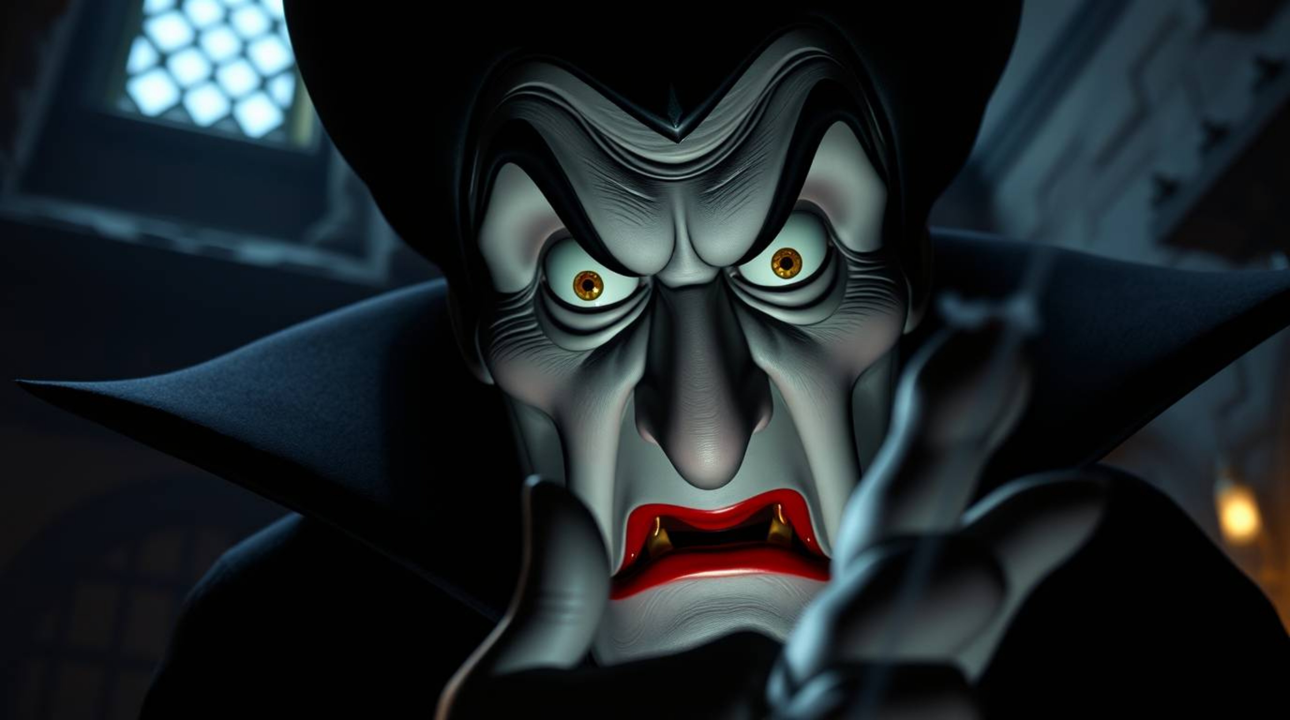 This image captures a tight close-up of a classic Disney villain's face, showcasing sharp features as they cast a spell withi