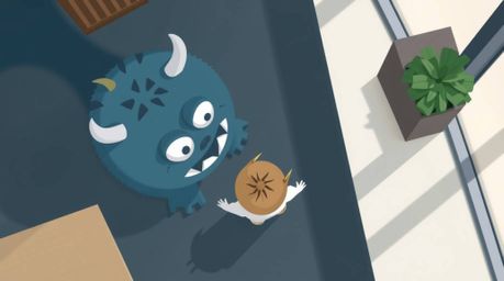 A heartwarming illustration depicting a modern flat design of a monster and a child becoming best friends.  Viewed from a hig