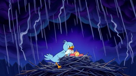 Witness two charming cartoon birds diligently constructing their nest amidst a dramatic, stormy sky. Rendered in a classic a