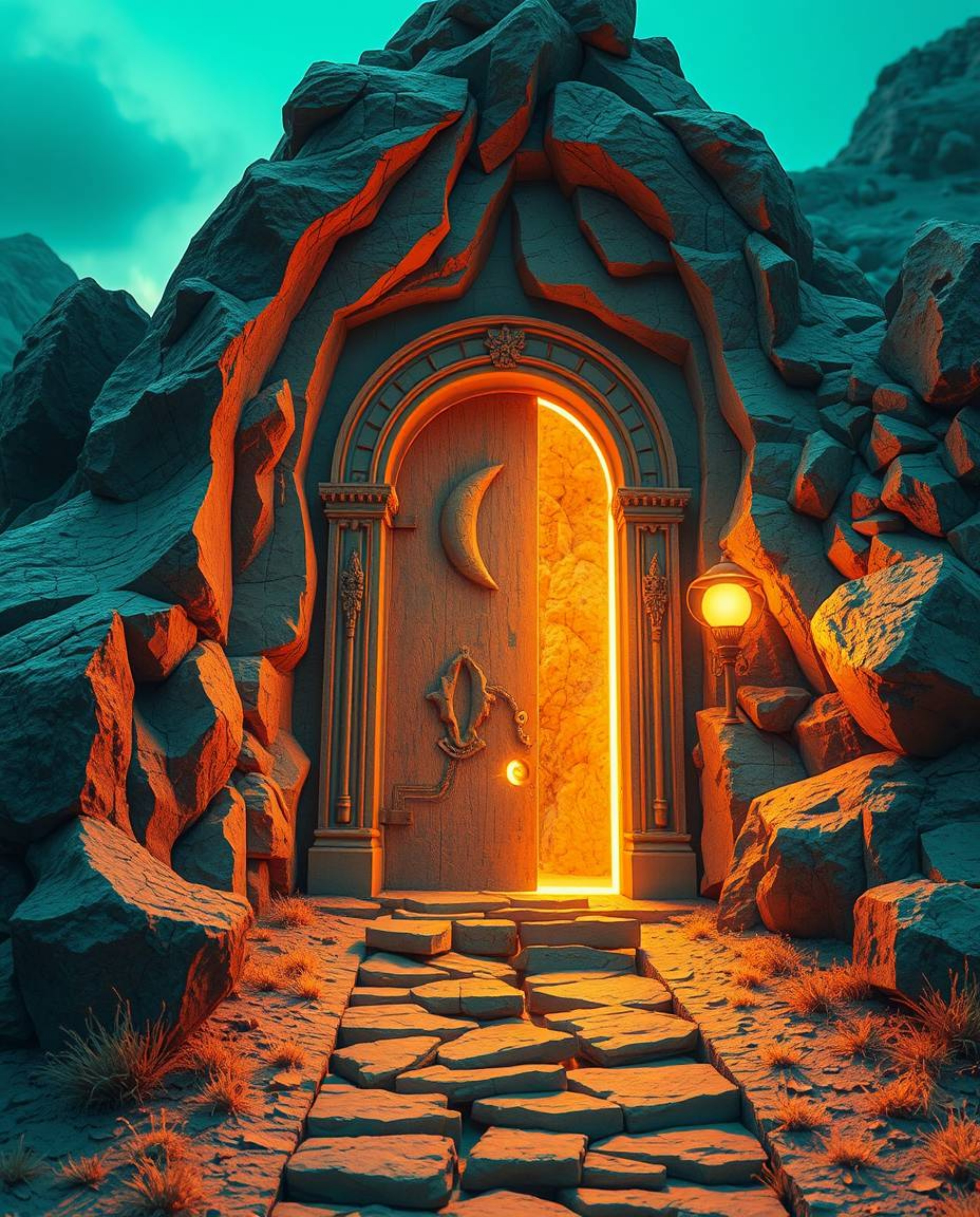 An ancient doorway, etched with glowing runes, is embedded within a towering mountain, rendered in a surreal and captivating 