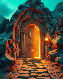 An ancient doorway, etched with glowing runes, is embedded within a towering mountain, rendered in a surreal and captivating 
