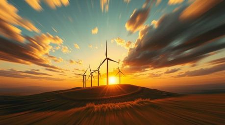 Experience a dreamlike, surreal landscape featuring a vibrant, moving sunset behind a row of wind turbines perched atop a hil