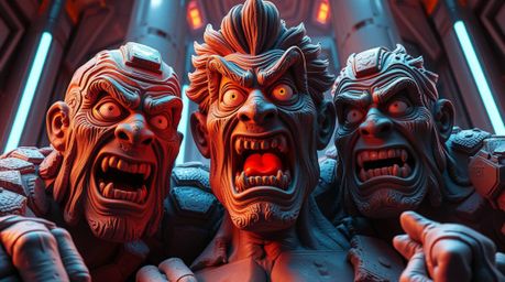 Experience a grand, modern future scene illuminated by epic lens glow lighting, showcasing sculptural clay art in massive sca