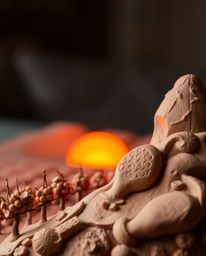 A sculptural clay art piece depicts a sunset over a vineyard, featuring modeled shapes and textured surfaces. The artwork is 