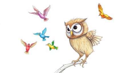 A heartwarming hand-drawn sketch in the style of Pixar depicts a blind brown owl with large, gentle eyes leading a flock of c