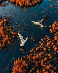 An overhead, bird's-eye view of a golden hour wetlands scene with herons in flight. This image is characterized by its vibran