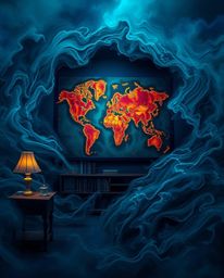 An old study is filled with the ethereal glow of a projected map, swirling with blues, greens, and purples. The scene evokes 