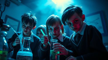 This artwork depicts a group of quirky kids in school uniforms conducting experiments within an eerie and creepy atmosphere. 