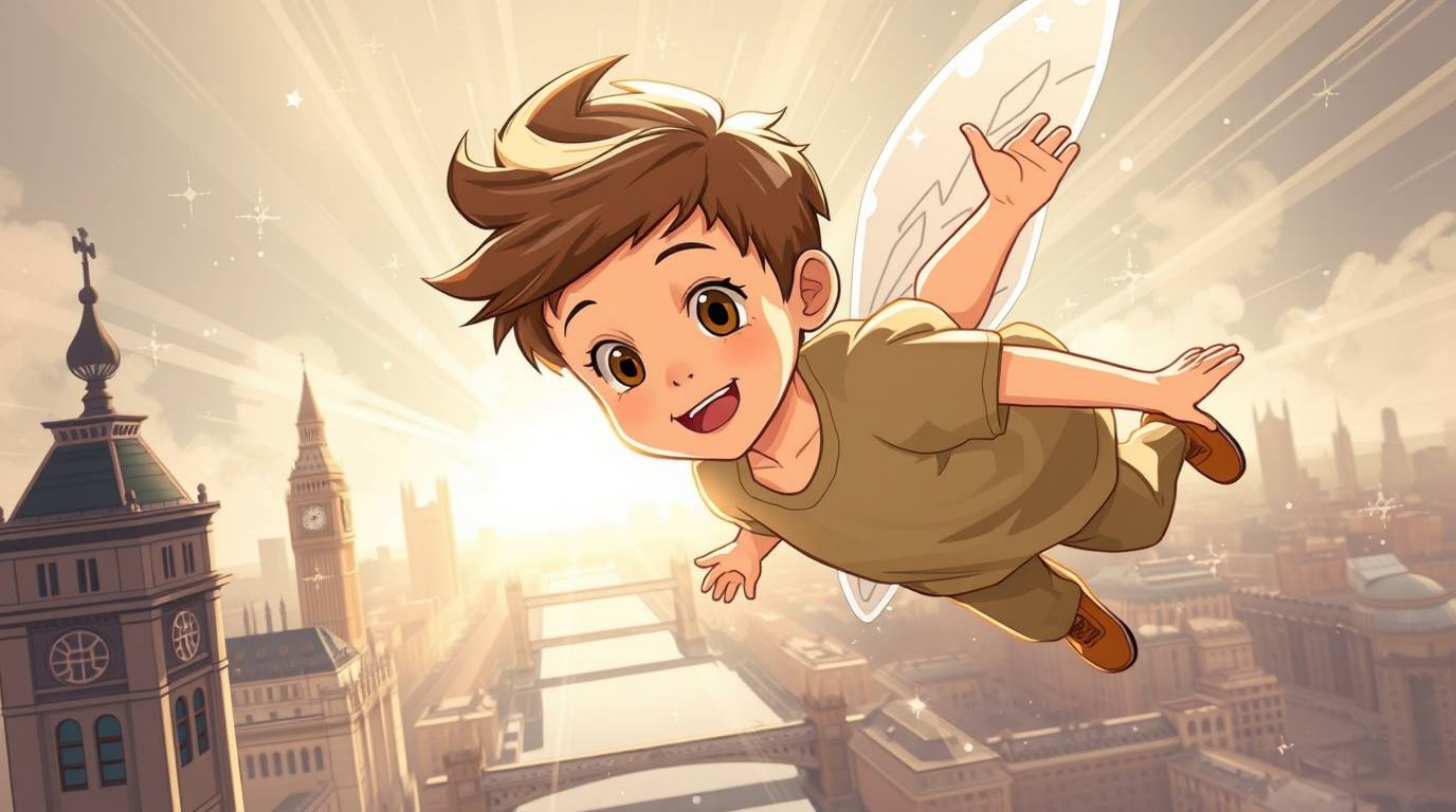 A captivating illustration depicts a young boy with light brown hair and tanned skin soaring above the London skyline, sprink