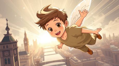 A captivating illustration depicts a young boy with light brown hair and tanned skin soaring above the London skyline, sprink