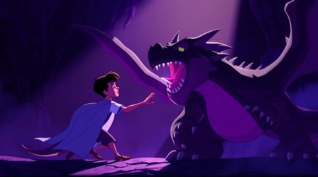 Experience a dramatic clash between a charming prince and a fearsome dragon, rendered in a vivid 1950s animation style. The s
