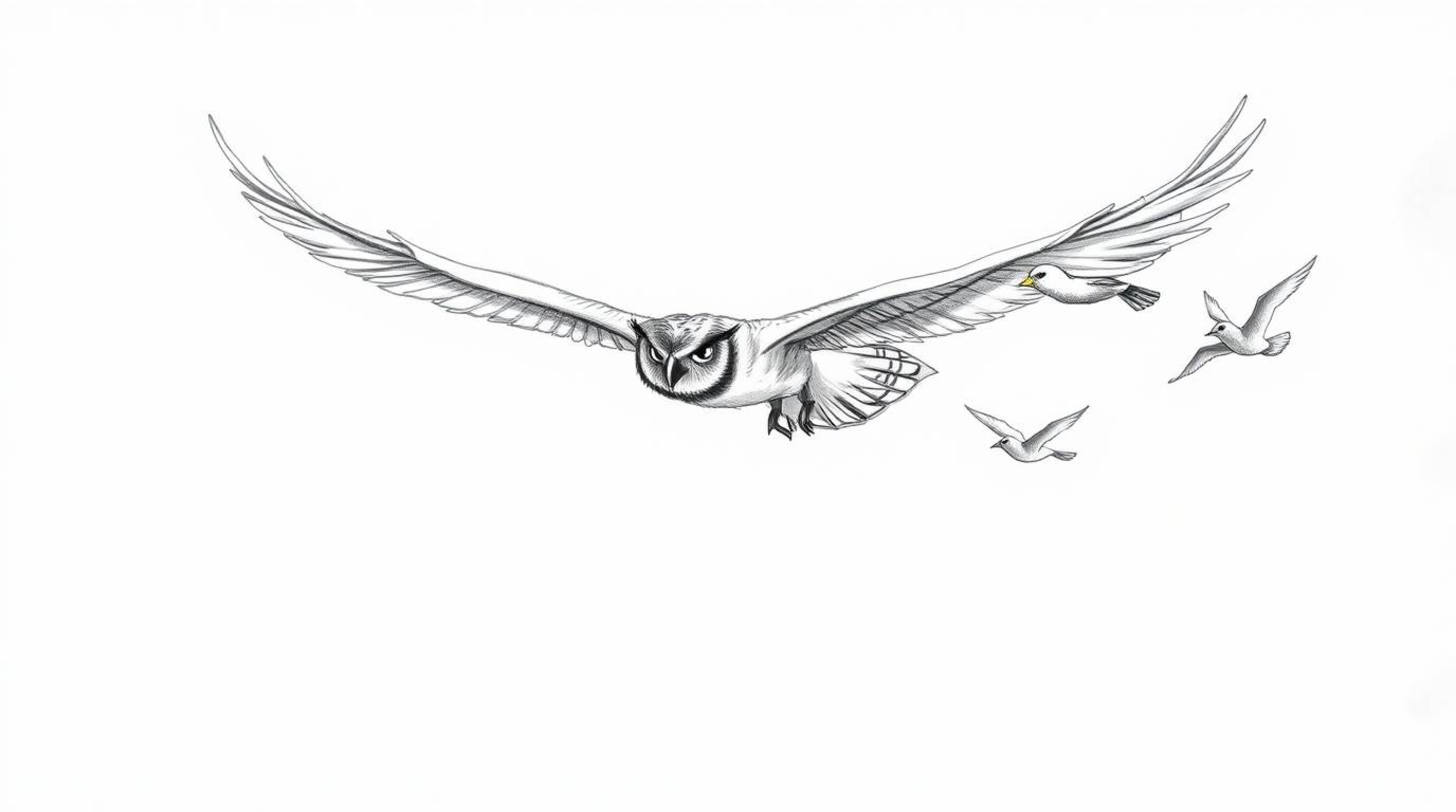 A hand-drawn sketch reminiscent of Pixar, showcasing a blind owl mid-flight as it guides a group of birds in learning to fly.