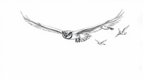 A hand-drawn sketch reminiscent of Pixar, showcasing a blind owl mid-flight as it guides a group of birds in learning to fly.