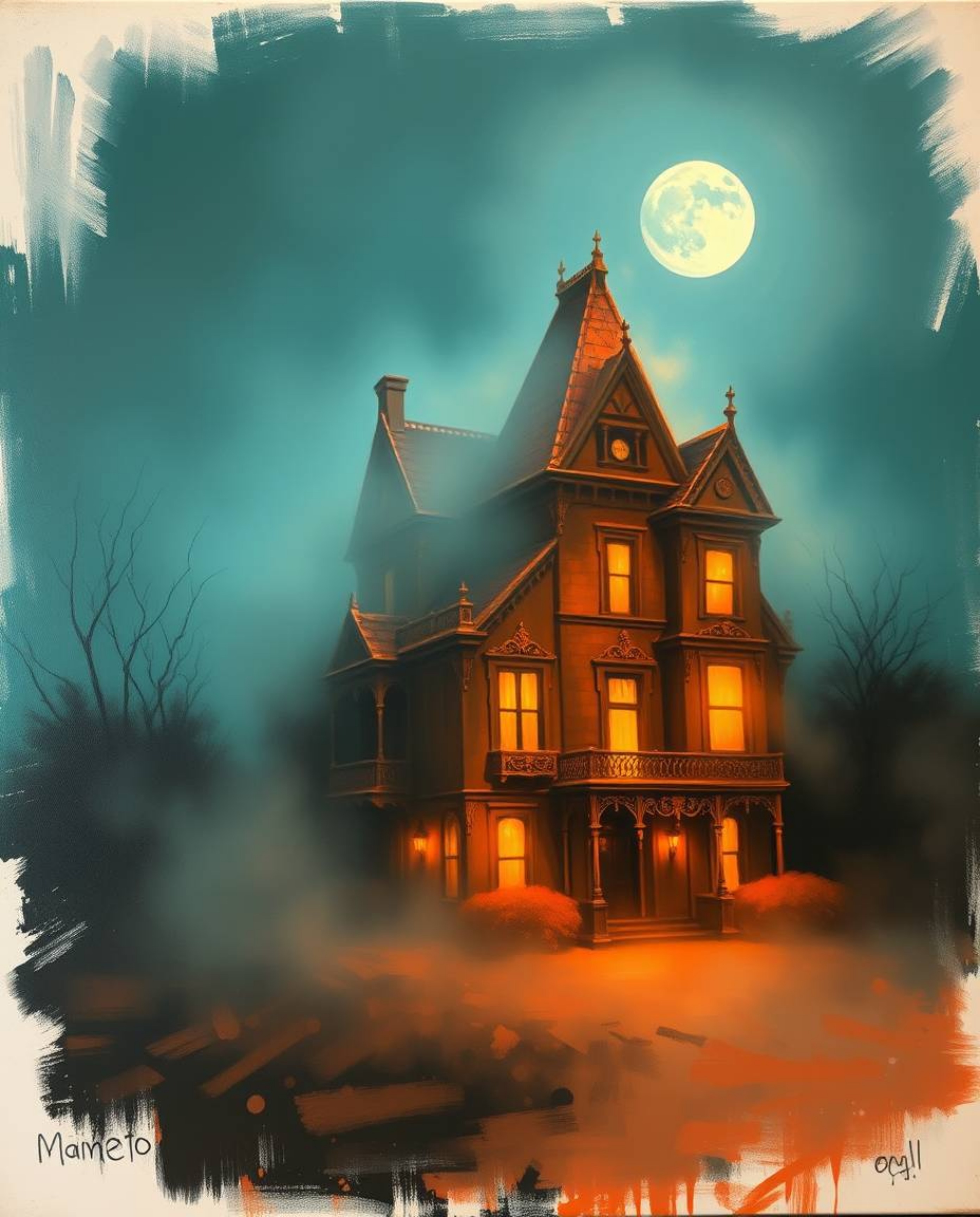 A dramatic oil on canvas painting depicts a fog-covered Victorian mansion bathed in moonlight.  The artwork features a warm t