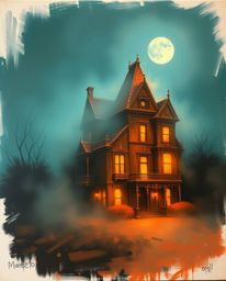 A dramatic oil on canvas painting depicts a fog-covered Victorian mansion bathed in moonlight.  The artwork features a warm t