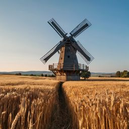 A picturesque scene unfolds with a traditional wooden windmill standing tall against a backdrop of a clear blue sky. The win